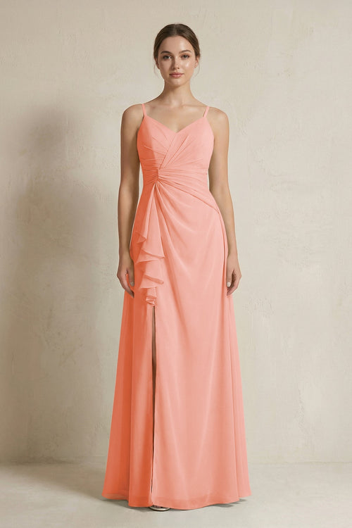 A - Line Ruffled Spaghetti Strap Chiffon Bridesmaid Dress in Rosette - KissProm Bridesmaid Dresses