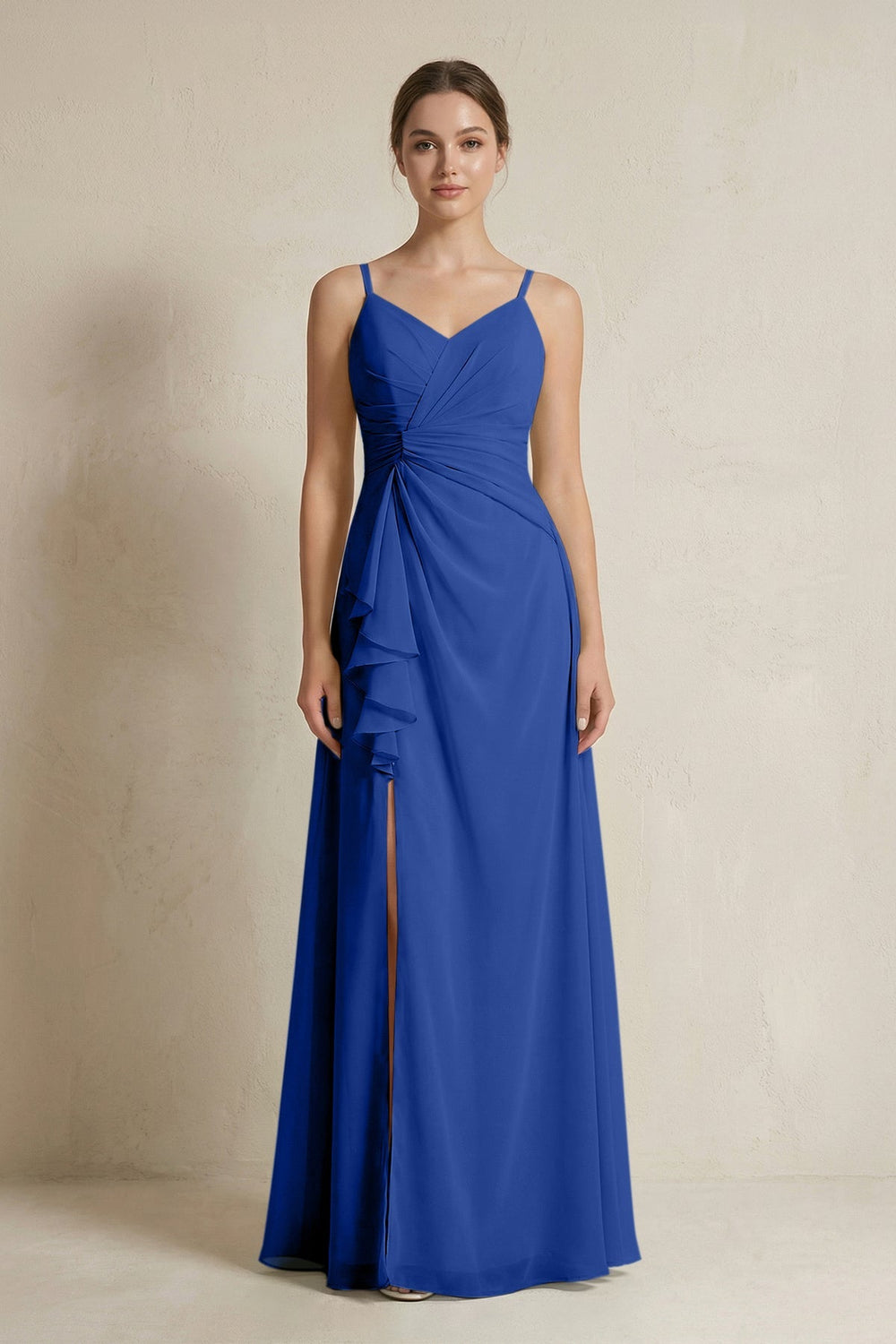 A - Line Ruffled Spaghetti Strap Chiffon Bridesmaid Dress in Royal Blue - KissProm Bridesmaid Dresses