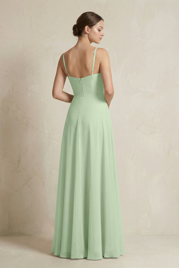 A - Line Ruffled Spaghetti Strap Chiffon Bridesmaid Dress in Sage - KissProm Bridesmaid Dresses