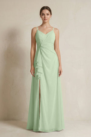 A - Line Ruffled Spaghetti Strap Chiffon Bridesmaid Dress in Sage - KissProm Bridesmaid Dresses