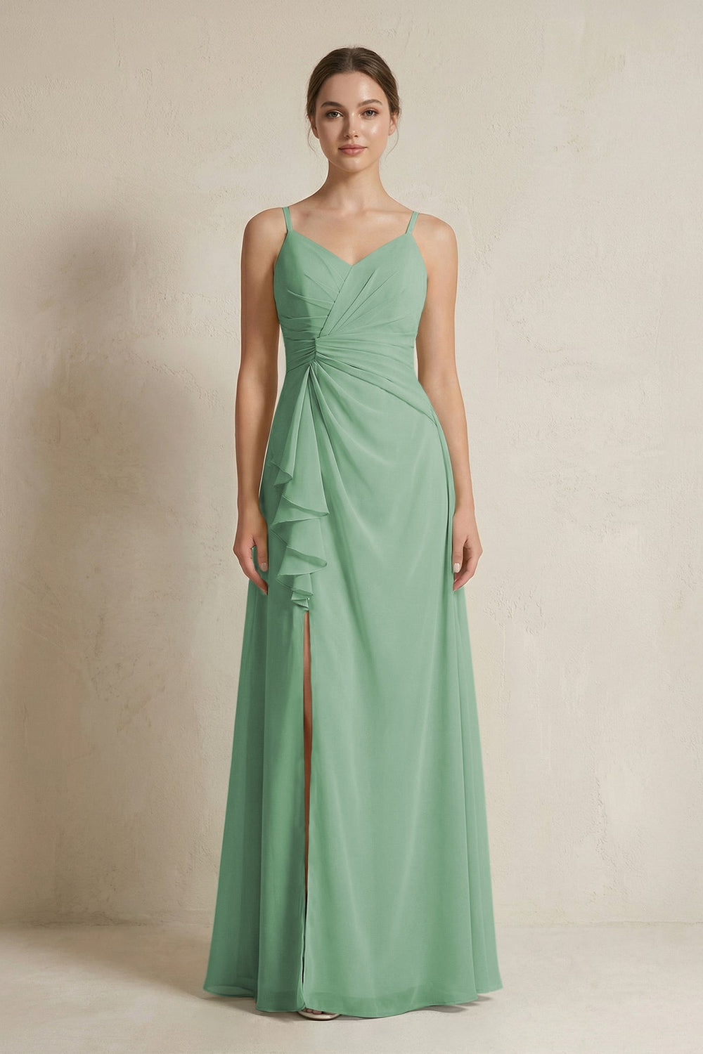 A - Line Ruffled Spaghetti Strap Chiffon Bridesmaid Dress in Sea Glass - KissProm Bridesmaid Dresses
