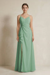 A - Line Ruffled Spaghetti Strap Chiffon Bridesmaid Dress in Sea Glass - KissProm Bridesmaid Dresses