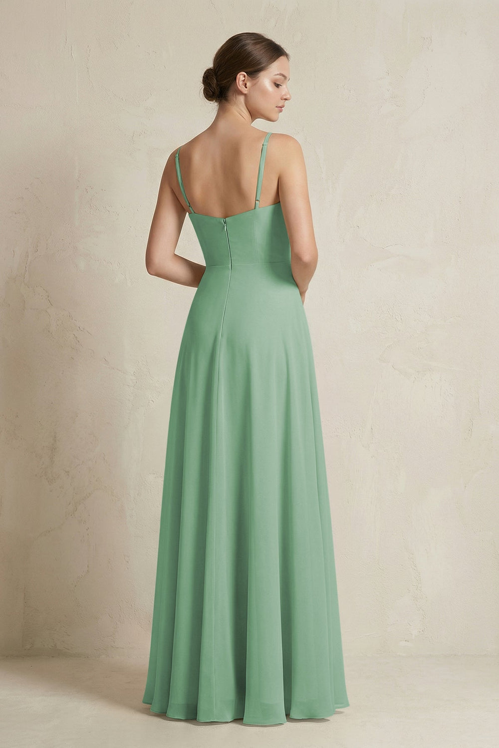 A - Line Ruffled Spaghetti Strap Chiffon Bridesmaid Dress in Sea Glass - KissProm Bridesmaid Dresses