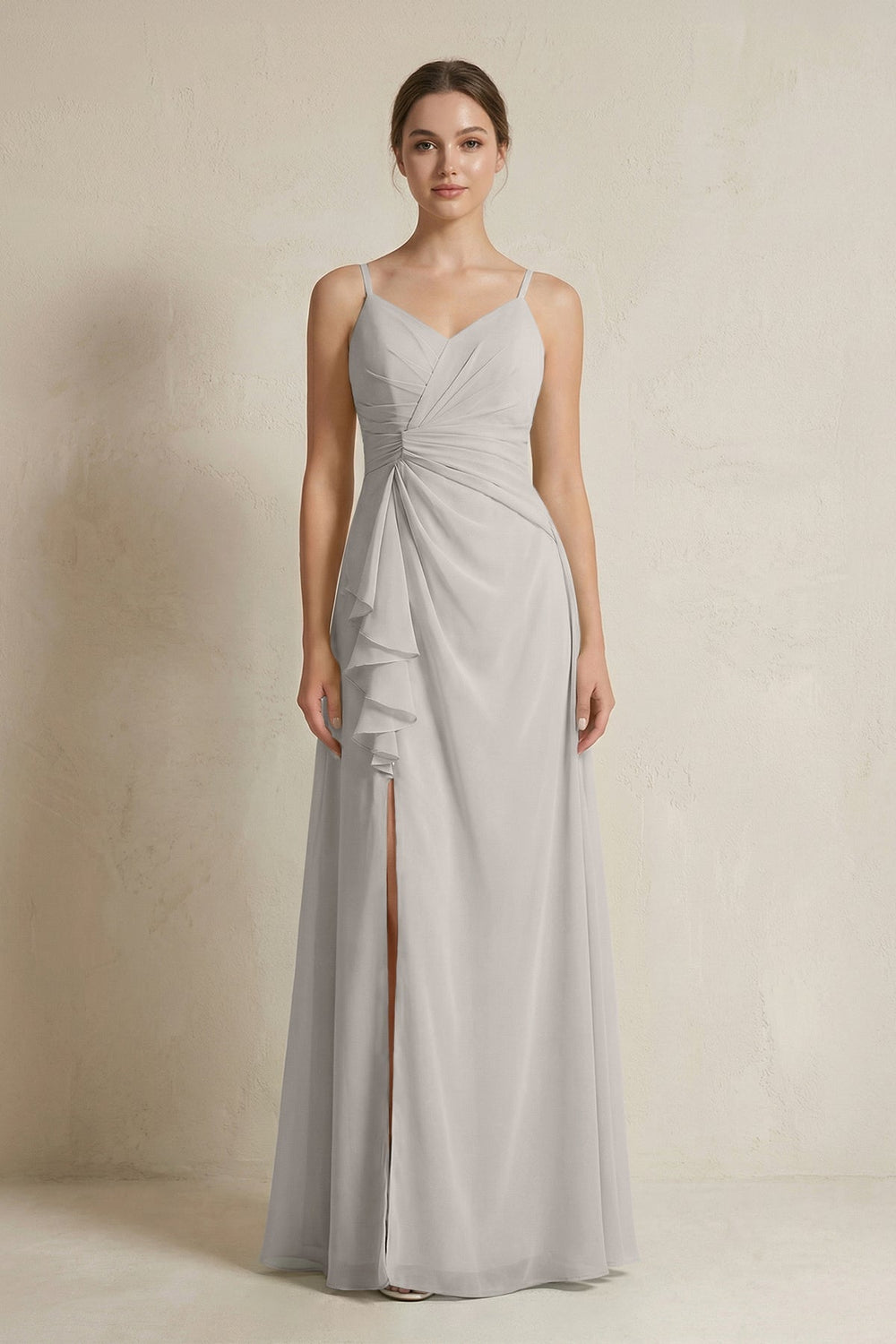 A - Line Ruffled Spaghetti Strap Chiffon Bridesmaid Dress in Silver - KissProm Bridesmaid Dresses