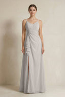 A - Line Ruffled Spaghetti Strap Chiffon Bridesmaid Dress in Silver - KissProm Bridesmaid Dresses