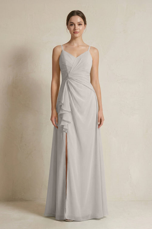 A - Line Ruffled Spaghetti Strap Chiffon Bridesmaid Dress in Silver - KissProm Bridesmaid Dresses