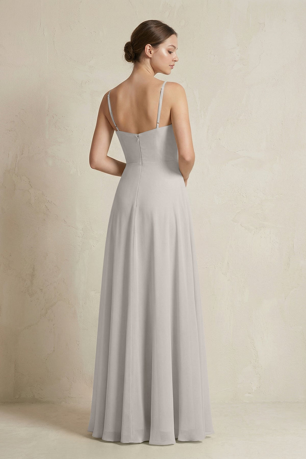 A - Line Ruffled Spaghetti Strap Chiffon Bridesmaid Dress in Silver - KissProm Bridesmaid Dresses