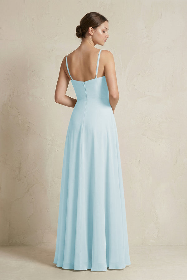A - Line Ruffled Spaghetti Strap Chiffon Bridesmaid Dress in Sky Blue - KissProm Bridesmaid Dresses