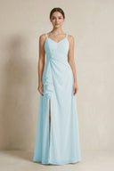 A - Line Ruffled Spaghetti Strap Chiffon Bridesmaid Dress in Sky Blue - KissProm Bridesmaid Dresses