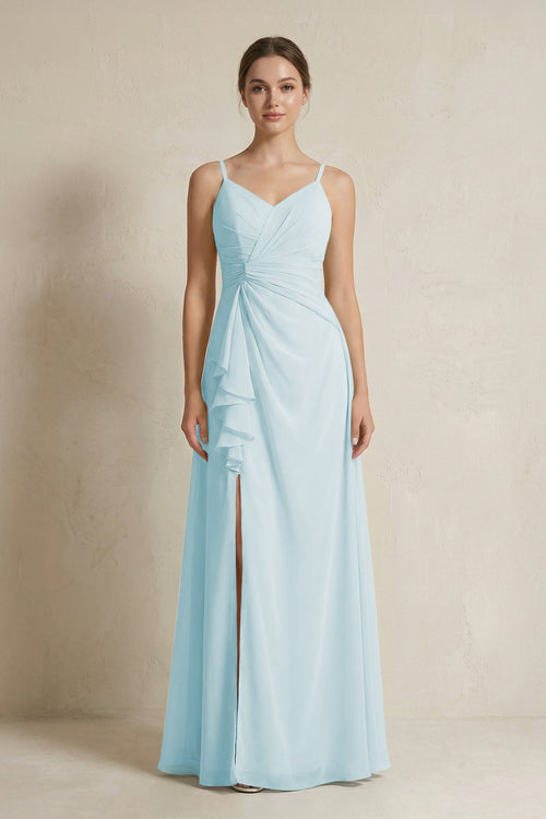 A - Line Ruffled Spaghetti Strap Chiffon Bridesmaid Dress in Sky Blue - KissProm Bridesmaid Dresses