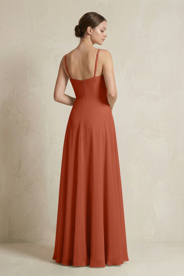 A - Line Ruffled Spaghetti Strap Chiffon Bridesmaid Dress in Spice - KissProm Bridesmaid Dresses