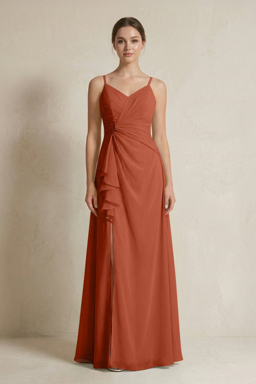 A - Line Ruffled Spaghetti Strap Chiffon Bridesmaid Dress in Spice - KissProm Bridesmaid Dresses