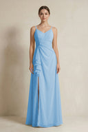 A - Line Ruffled Spaghetti Strap Chiffon Bridesmaid Dress in Steel Blue - KissProm Bridesmaid Dresses