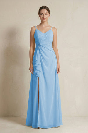A - Line Ruffled Spaghetti Strap Chiffon Bridesmaid Dress in Steel Blue - KissProm Bridesmaid Dresses