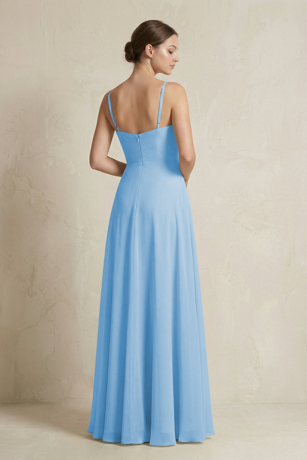 A - Line Ruffled Spaghetti Strap Chiffon Bridesmaid Dress in Steel Blue - KissProm Bridesmaid Dresses