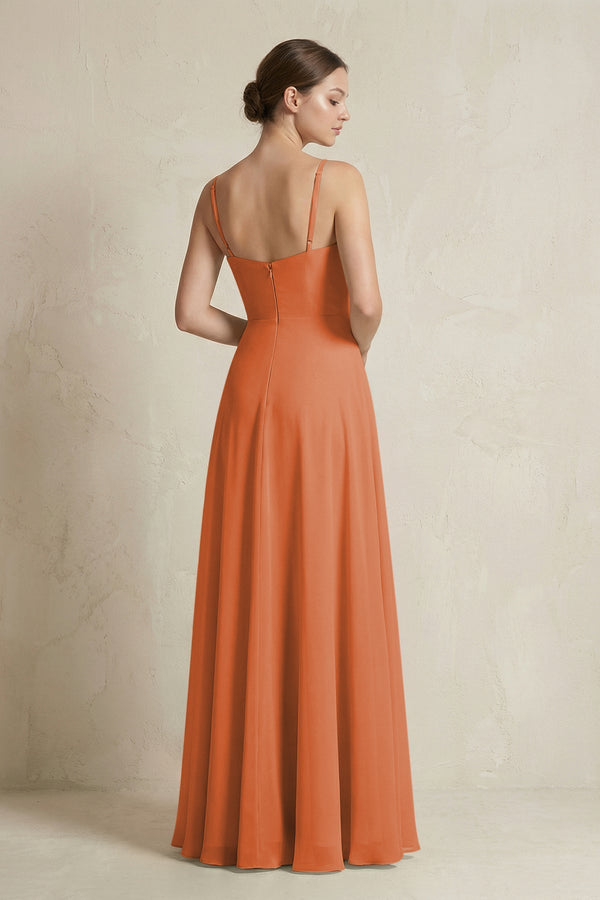 A - Line Ruffled Spaghetti Strap Chiffon Bridesmaid Dress in Terracotta - KissProm Bridesmaid Dresses