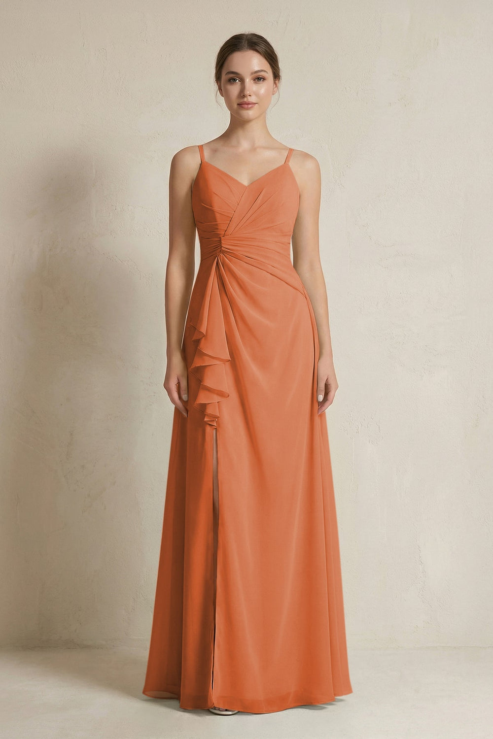A - Line Ruffled Spaghetti Strap Chiffon Bridesmaid Dress in Terracotta - KissProm Bridesmaid Dresses