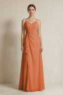 A - Line Ruffled Spaghetti Strap Chiffon Bridesmaid Dress in Terracotta - KissProm Bridesmaid Dresses