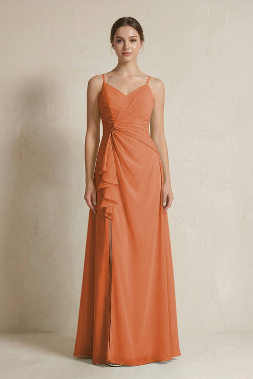 A - Line Ruffled Spaghetti Strap Chiffon Bridesmaid Dress in Terracotta - KissProm Bridesmaid Dresses