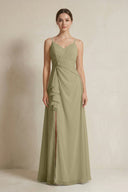 A - Line Ruffled Spaghetti Strap Chiffon Bridesmaid Dress in Thyme - KissProm Bridesmaid Dresses