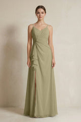 A - Line Ruffled Spaghetti Strap Chiffon Bridesmaid Dress in Thyme - KissProm Bridesmaid Dresses