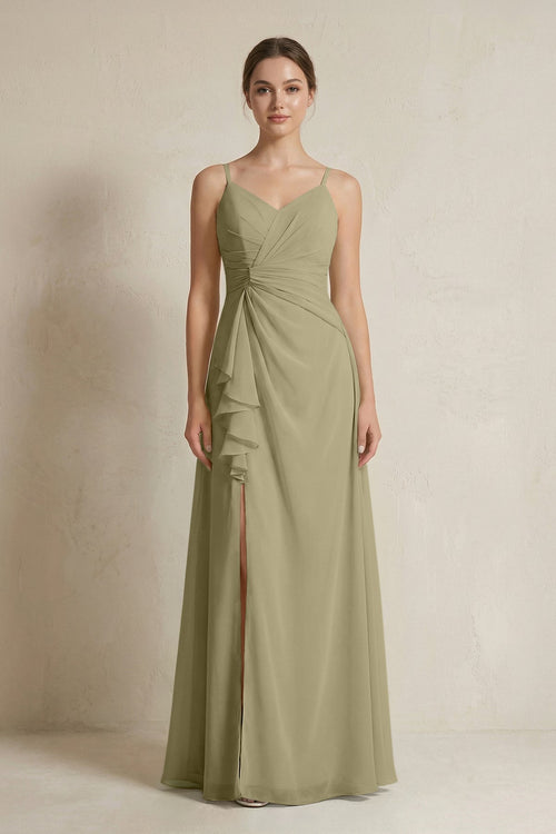 A - Line Ruffled Spaghetti Strap Chiffon Bridesmaid Dress in Thyme - KissProm Bridesmaid Dresses