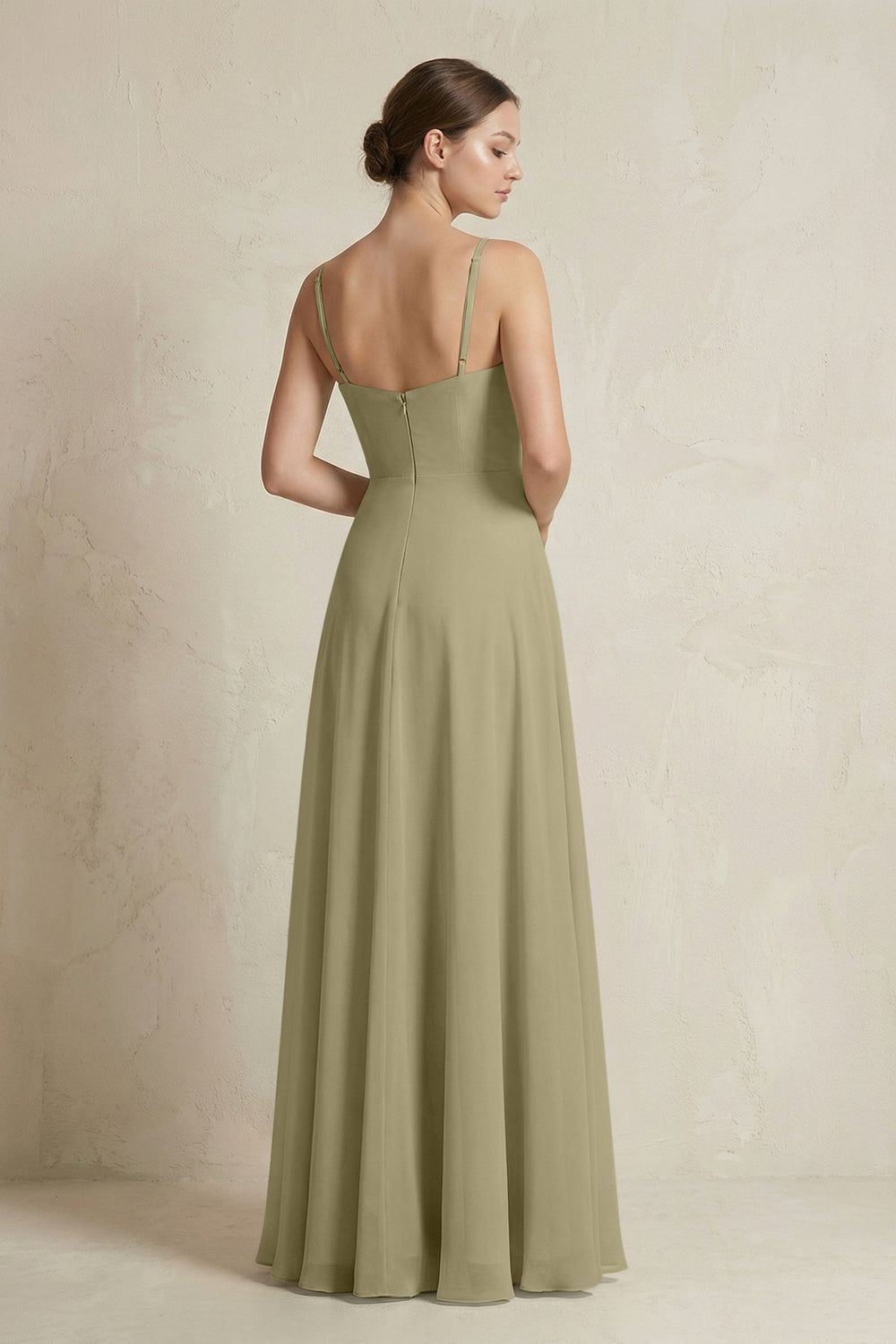 A - Line Ruffled Spaghetti Strap Chiffon Bridesmaid Dress in Thyme - KissProm Bridesmaid Dresses