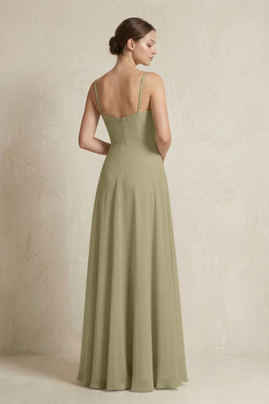 A - Line Ruffled Spaghetti Strap Chiffon Bridesmaid Dress in Thyme - KissProm Bridesmaid Dresses