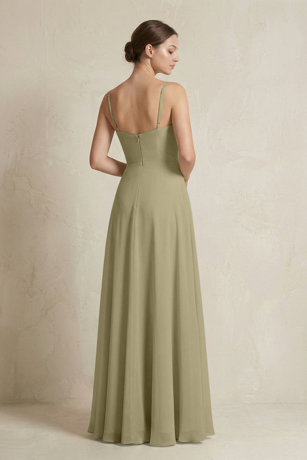 A - Line Ruffled Spaghetti Strap Chiffon Bridesmaid Dress in Thyme - KissProm Bridesmaid Dresses