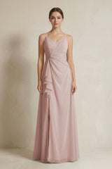 A - Line Ruffled Spaghetti Strap Chiffon Bridesmaid Dress in Toffee - KissProm Bridesmaid Dresses