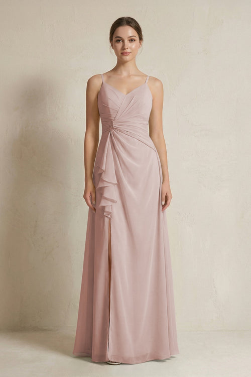 A - Line Ruffled Spaghetti Strap Chiffon Bridesmaid Dress in Toffee - KissProm Bridesmaid Dresses