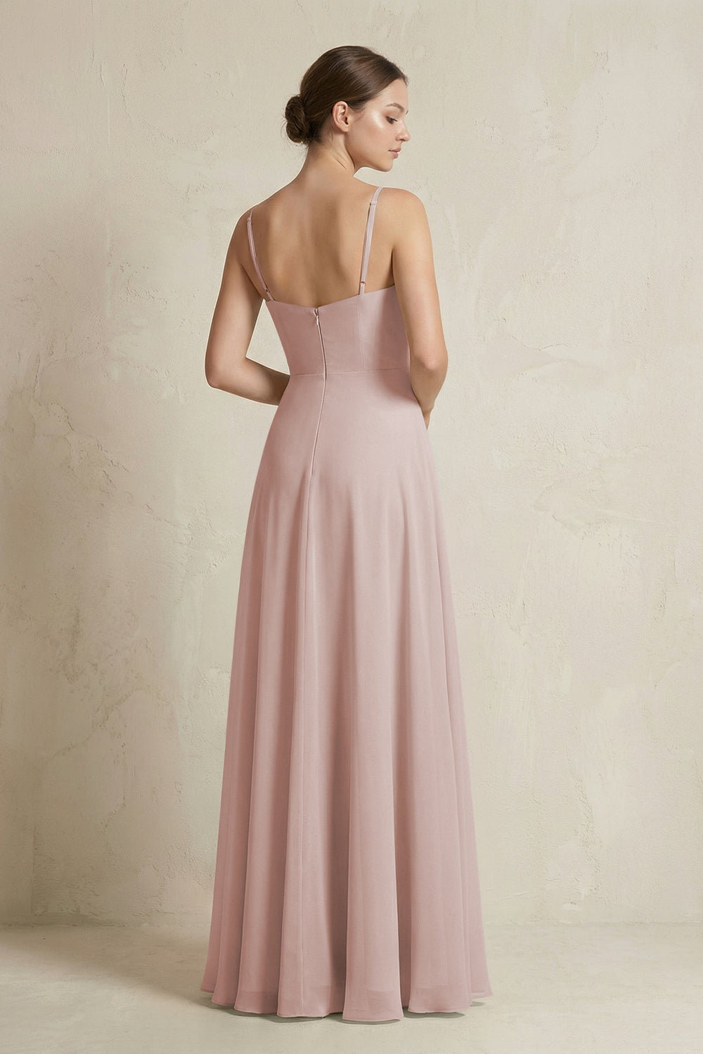 A - Line Ruffled Spaghetti Strap Chiffon Bridesmaid Dress in Toffee - KissProm Bridesmaid Dresses