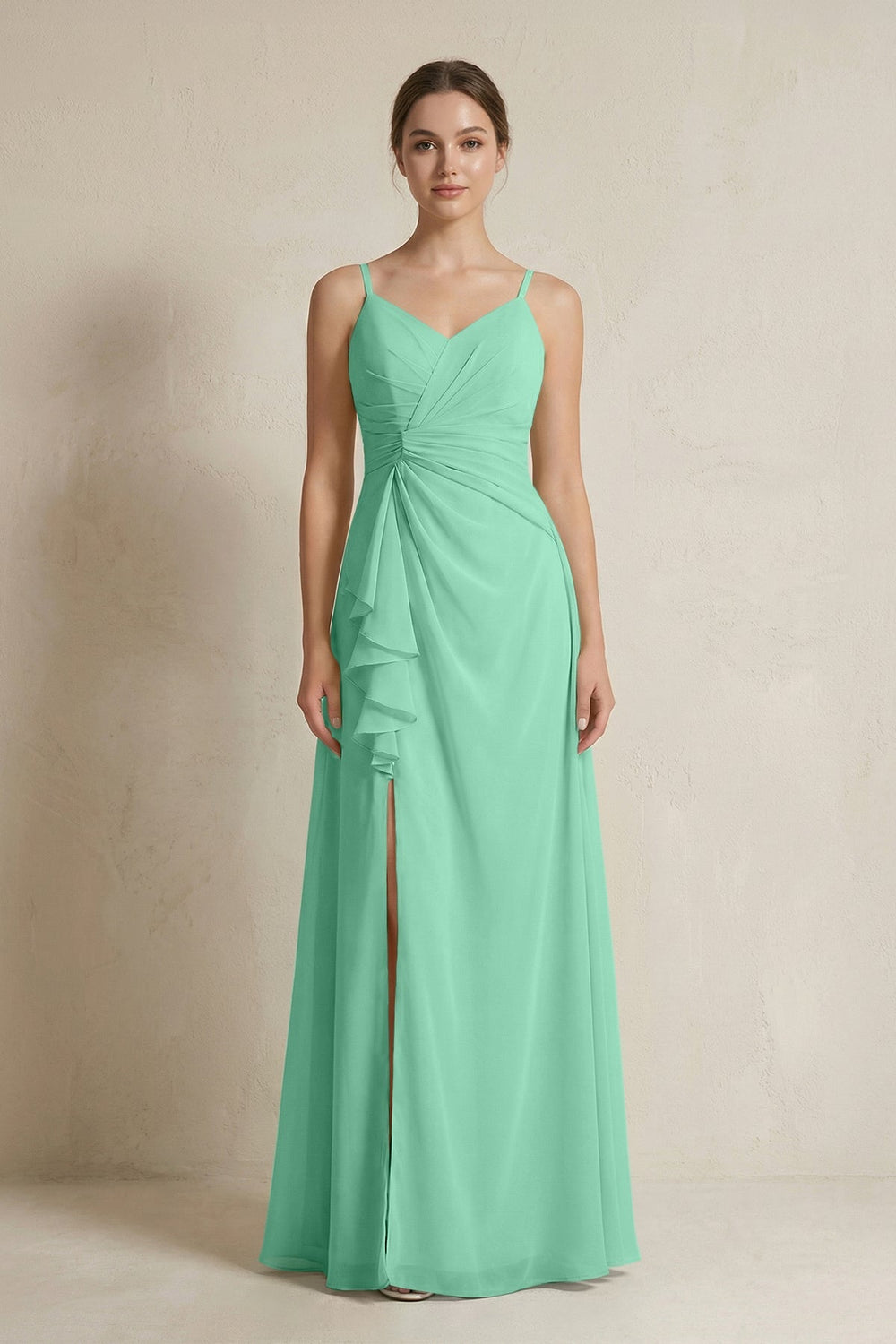 A - Line Ruffled Spaghetti Strap Chiffon Bridesmaid Dress in Turquoise - KissProm Bridesmaid Dresses
