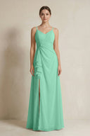 A - Line Ruffled Spaghetti Strap Chiffon Bridesmaid Dress in Turquoise - KissProm Bridesmaid Dresses