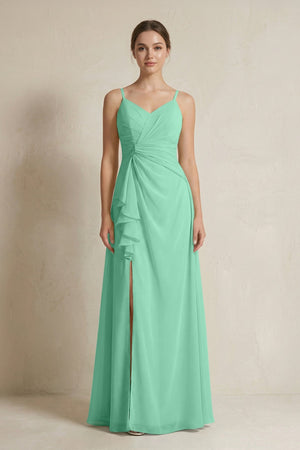 A - Line Ruffled Spaghetti Strap Chiffon Bridesmaid Dress in Turquoise - KissProm Bridesmaid Dresses