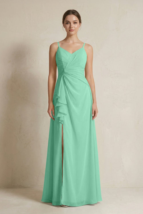 A - Line Ruffled Spaghetti Strap Chiffon Bridesmaid Dress in Turquoise - KissProm Bridesmaid Dresses