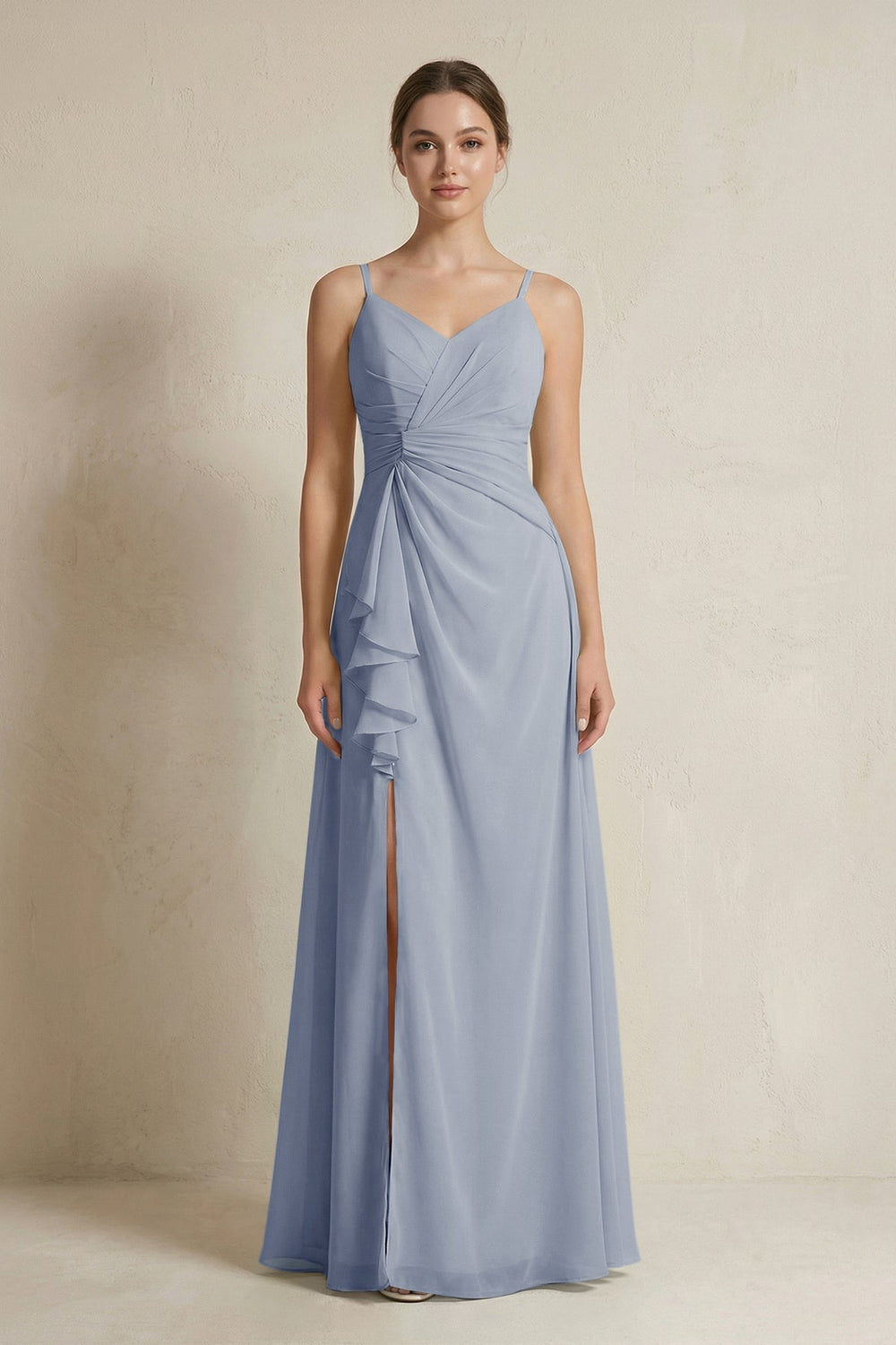 A - Line Ruffled Spaghetti Strap Chiffon Bridesmaid Dress in Twilight - KissProm Bridesmaid Dresses