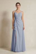 A - Line Ruffled Spaghetti Strap Chiffon Bridesmaid Dress in Twilight - KissProm Bridesmaid Dresses