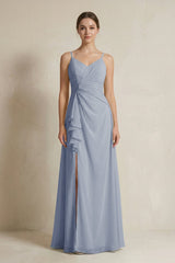 A - Line Ruffled Spaghetti Strap Chiffon Bridesmaid Dress in Twilight - KissProm Bridesmaid Dresses