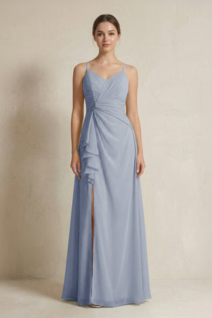 A - Line Ruffled Spaghetti Strap Chiffon Bridesmaid Dress in Twilight - KissProm Bridesmaid Dresses
