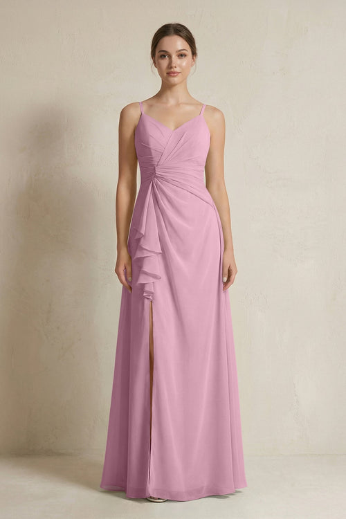 A - Line Ruffled Spaghetti Strap Chiffon Bridesmaid Dress in Vintage Mauve - KissProm Bridesmaid Dresses