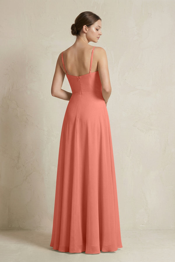 A - Line Ruffled Spaghetti Strap Chiffon Bridesmaid Dress in Wild Rose - KissProm Bridesmaid Dresses
