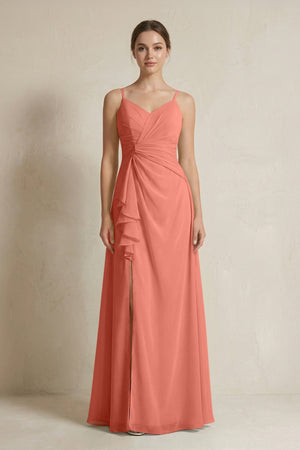 A - Line Ruffled Spaghetti Strap Chiffon Bridesmaid Dress in Wild Rose - KissProm Bridesmaid Dresses