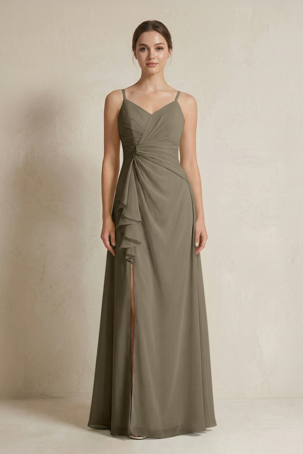A - Line Ruffled Spaghetti Strap Chiffon Bridesmaid Dress in Willow Green - KissProm Bridesmaid Dresses