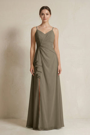 A - Line Ruffled Spaghetti Strap Chiffon Bridesmaid Dress in Willow Green - KissProm Bridesmaid Dresses