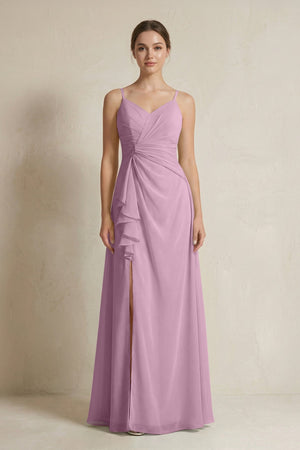 A - Line Ruffled Spaghetti Strap Chiffon Bridesmaid Dress in Wisteria - KissProm Bridesmaid Dresses