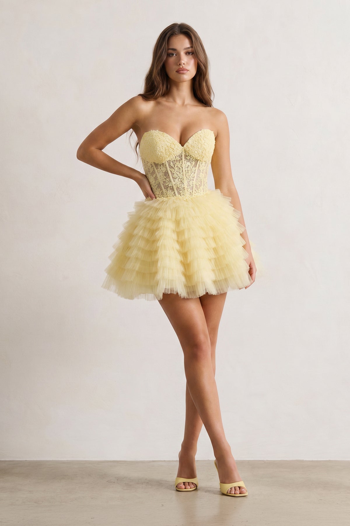 KissProm A-Line Ruffled Yellow Strapless Corset Short Homecoming Dress, Yellow / 10