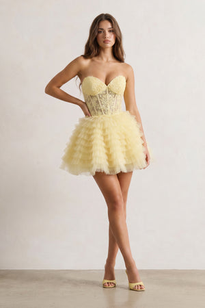 A-Line Ruffled Yellow Strapless Corset Short Homecoming Dress - KissProm