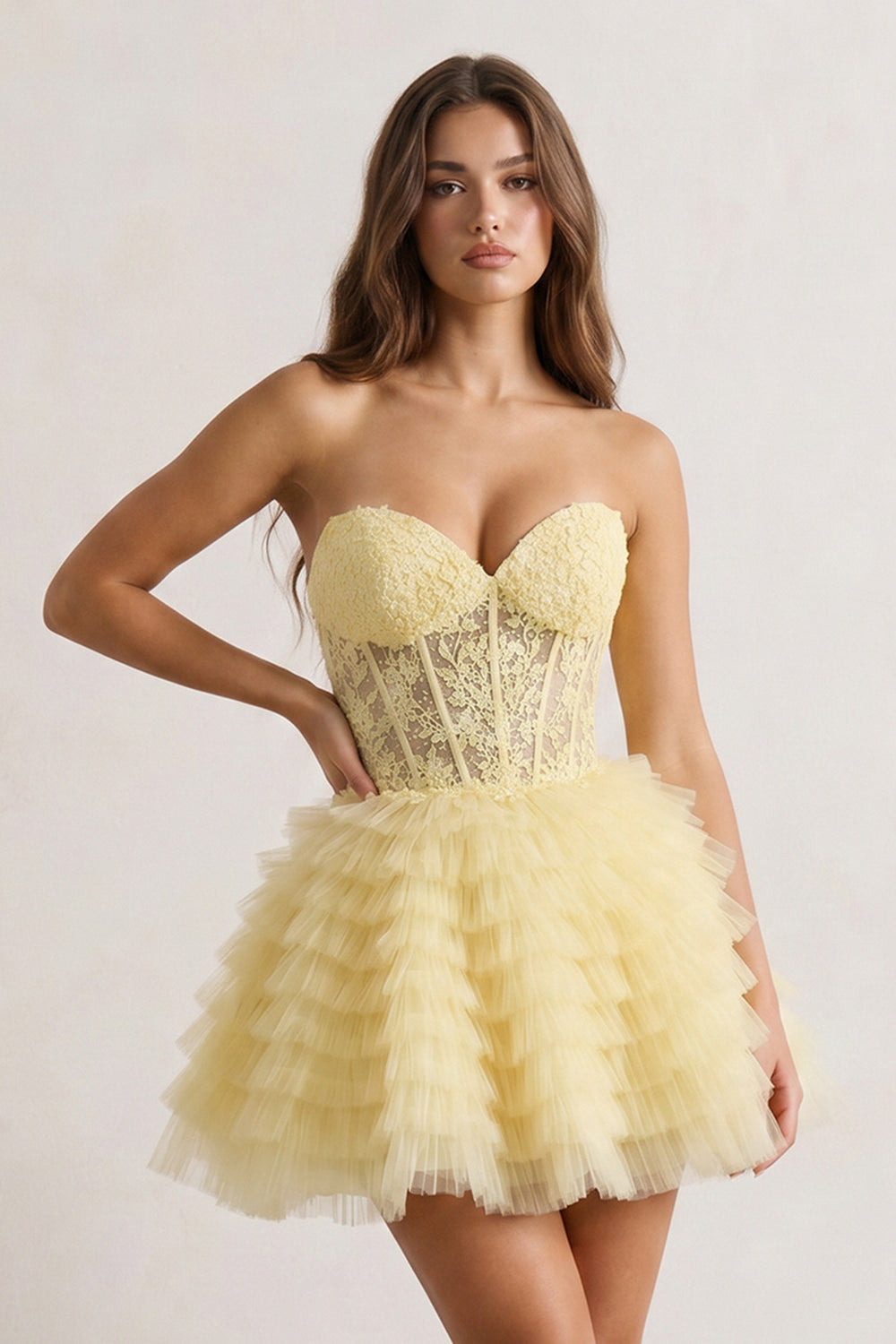 A-Line Ruffled Yellow Strapless Corset Short Homecoming Dress - KissProm