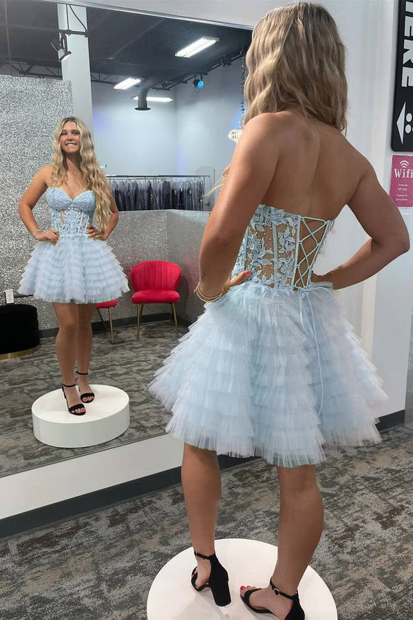 A-Line Ruffled Yellow Strapless Corset Short Homecoming Dress - KissProm